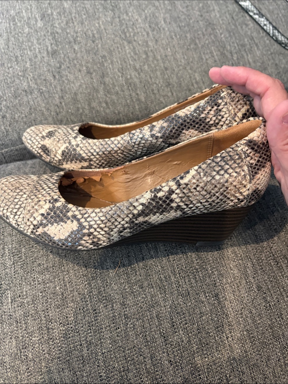 Clarks Beige and Black Snake-Pattern Wedge Pumps